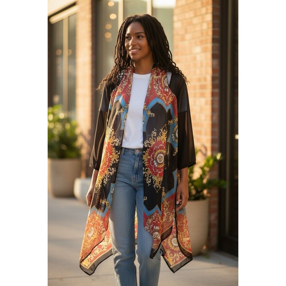 S.Line Women’s Sheer Open Front Cardigan Multicolor Size S Draped Baroque Scarf